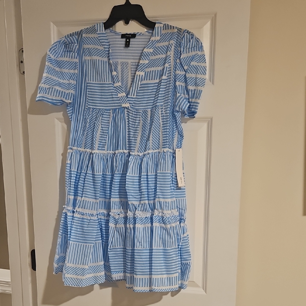 Aqua Blue & White Striped Casual Dress